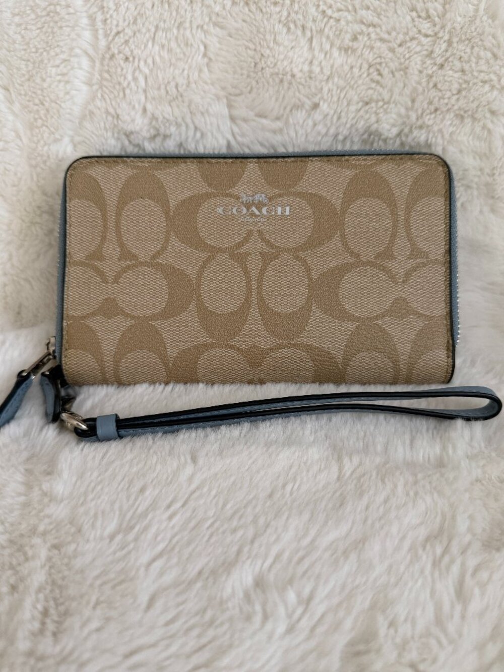 Coach Beige/Blue Canvas Double Zip Wallet / Wristlet # F53937